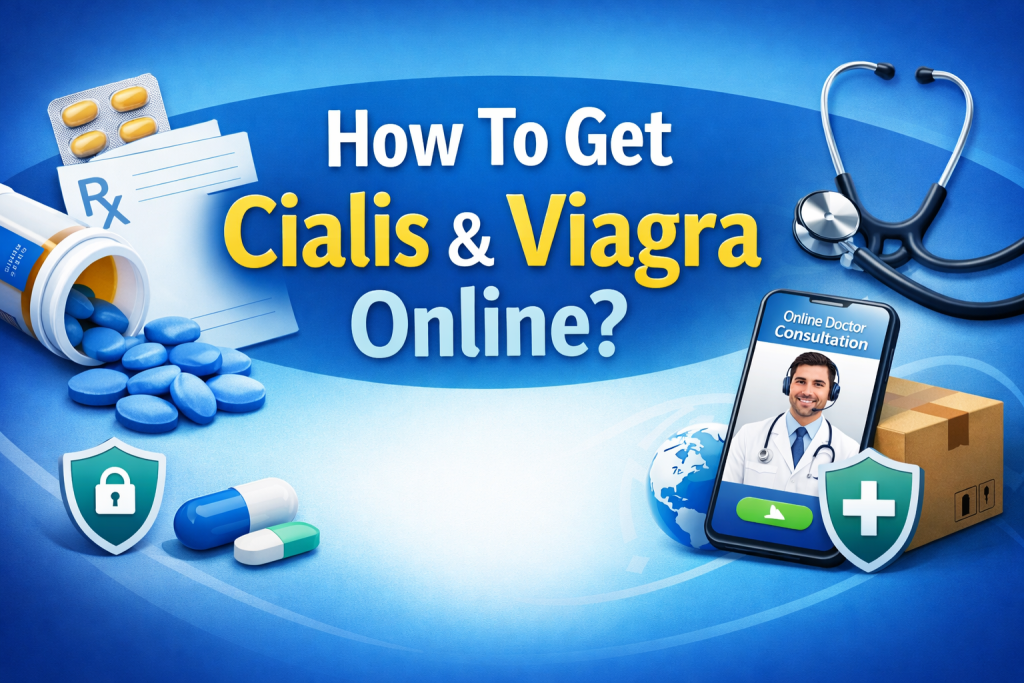 How To Get Cialis & Viagra Online guide showing doctor consultation, prescription medicines, and secure online pharmacy delivery process