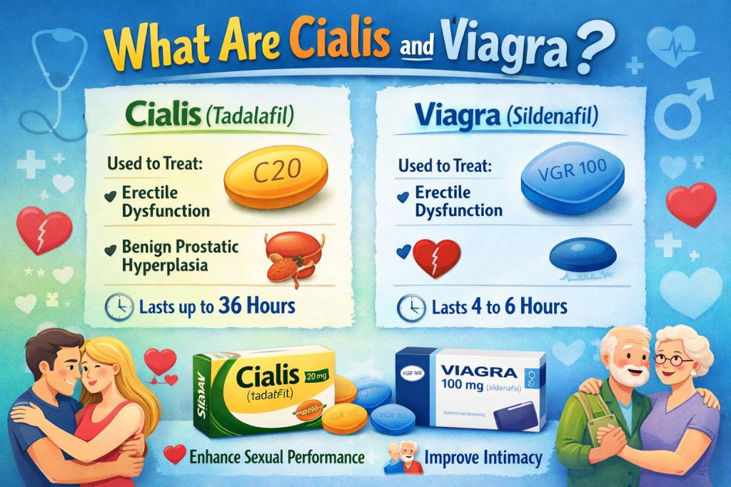 Informational illustration explaining what Cialis (Tadalafil) and Viagra (Sildenafil) are and how they are used to treat erectile dysfunction.