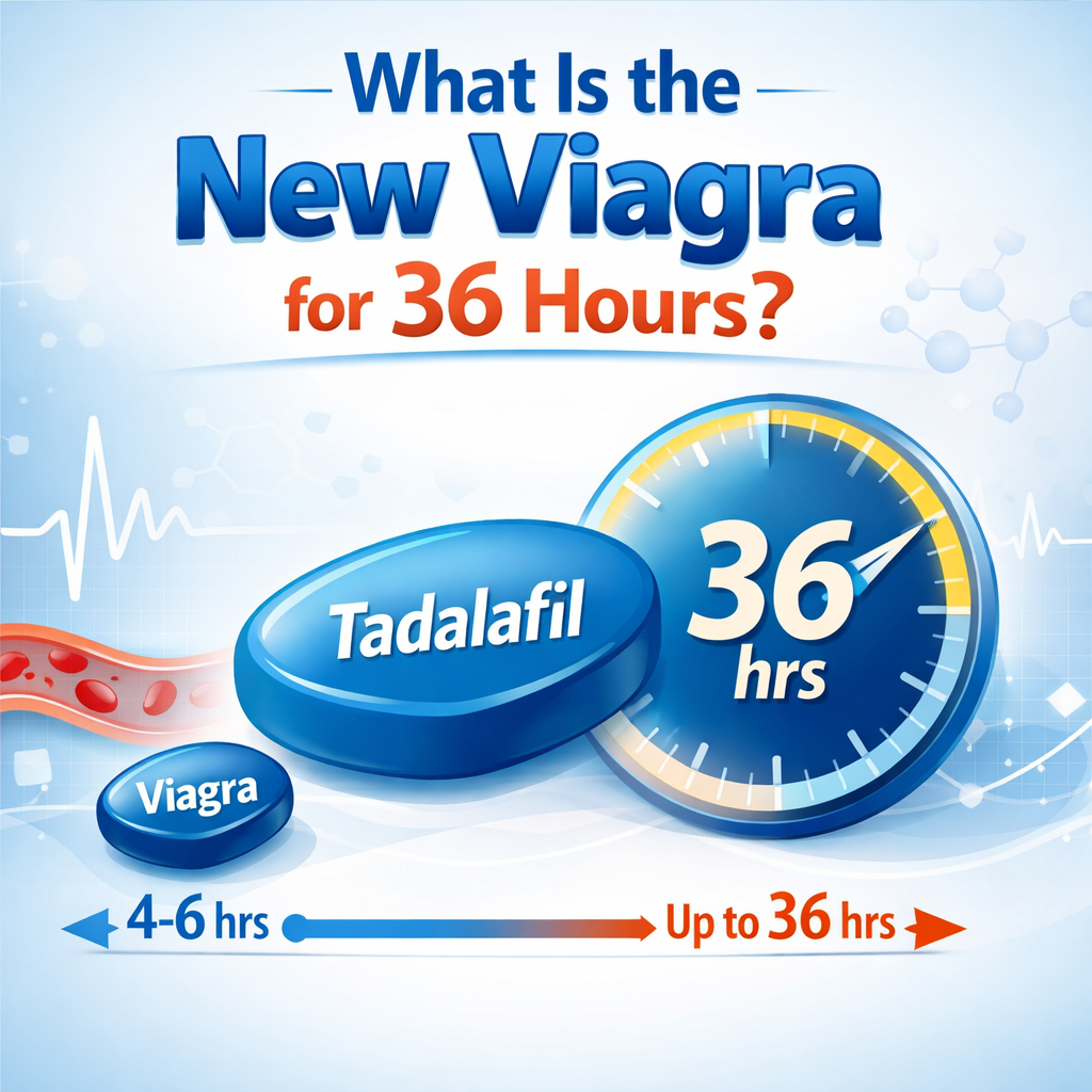 Medical infographic showing “What Is the New Viagra for 36 Hours?” featuring a Tadalafil pill, a 36-hour clock, and comparison with Viagra duration (4–6 hours) in a clean healthcare design.