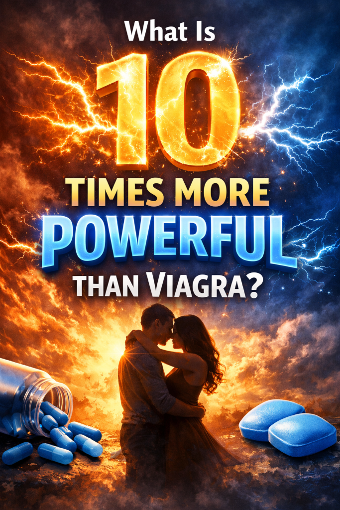 A dramatic promotional graphic featuring glowing “10 Times More Powerful Than Viagra” text with lightning effects, blue pills, capsules, and a romantic couple silhouette against a fiery blue-orange background.