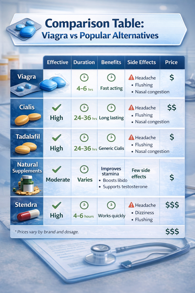 A professional infographic comparison table showing Viagra and popular alternatives with columns for effectiveness, duration, benefits, side effects, and price in a clean medical-style layout.