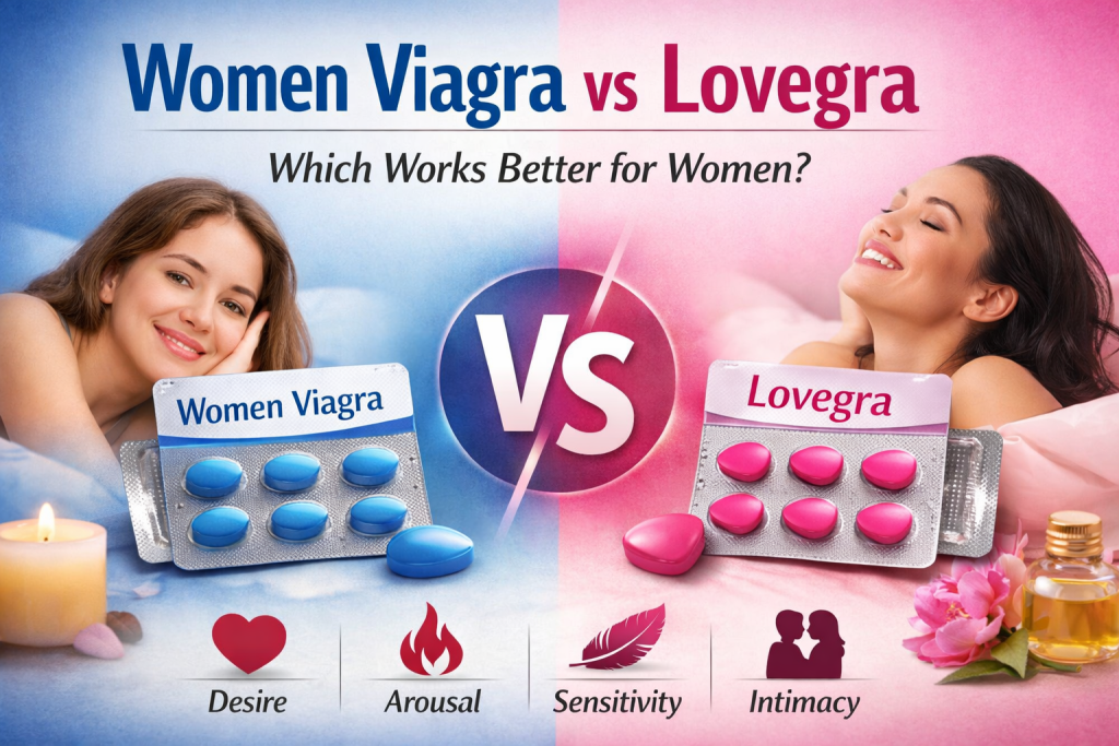 Women Viagra vs Lovegra comparison image with female enhancement pills for intimacy and arousal support.