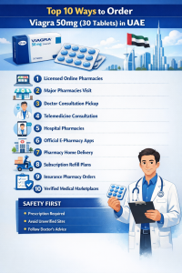 Infographic showing top 10 safe ways to order Viagra 50mg (30 tablets) in UAE with pharmacy options and safety guidelines.