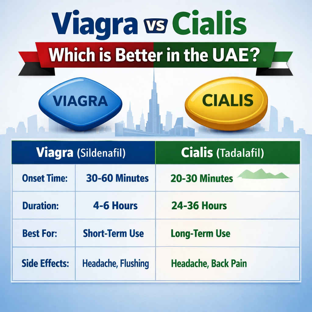 Infographic comparing Viagra and Cialis showing differences in onset time, duration, uses, and side effects in UAE context