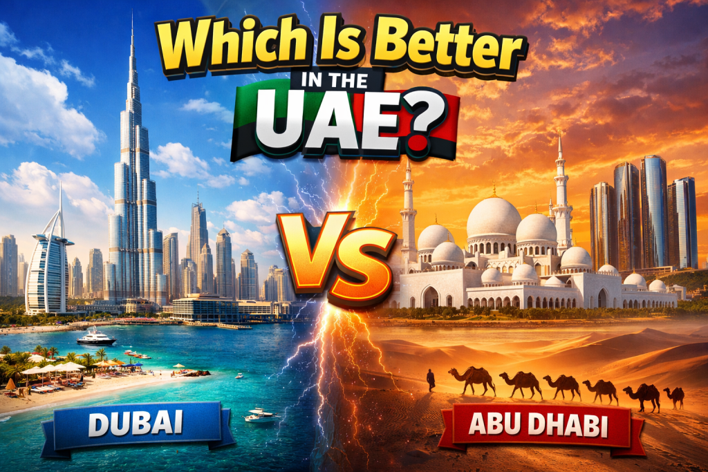 A split comparison image showing Dubai skyline vs Abu Dhabi landmarks with the title “Which Is Better in the UAE? VS”.