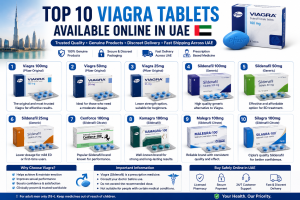 Infographic showing the top 10 Viagra tablets available online in UAE, including sildenafil dosage strengths, trusted brands, and online buying information.